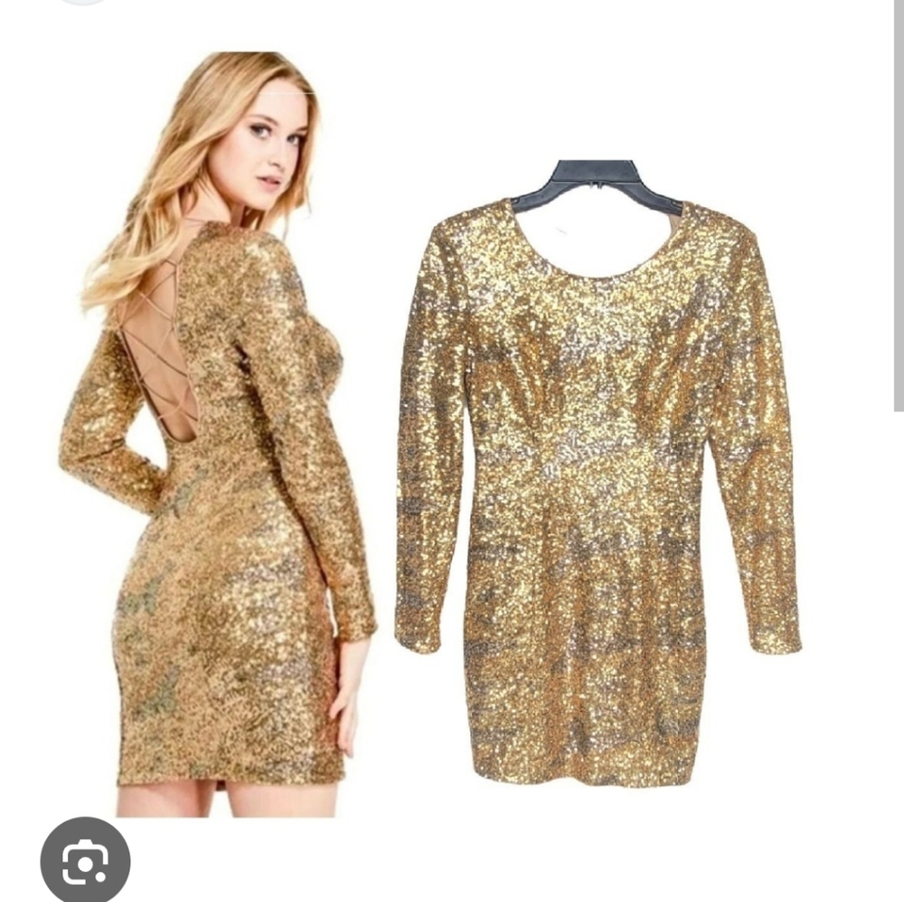 Guess Sparkling Gold Long Sleeve Dress, 8